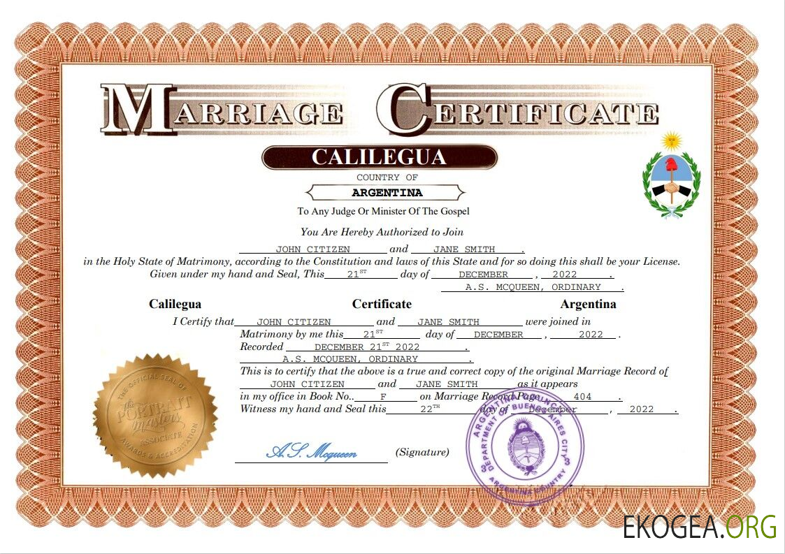 Modèle Word et PDF d'acte de mariage en Argentine